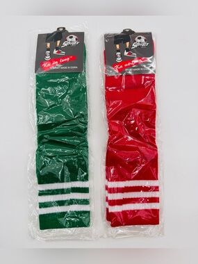 Socks Retro Striped Sport Knee High Socks 2pc Red/Green Christmas Soccer NEW